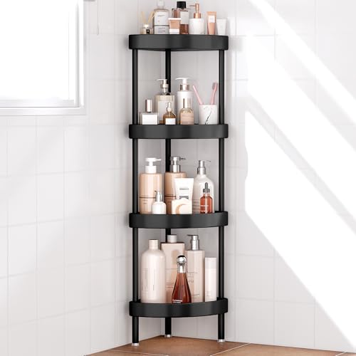 Nieifi Corner Shower Caddy Stand-4 Tier Rustproof Anodized Aluminum Standing Shower Organizer-Shower Caddy Corner-Dual Stability to Anti-Shaking-Height-Adjustable Legs for Uneven Surfaces-Black - color: Black, size: 4-Tier