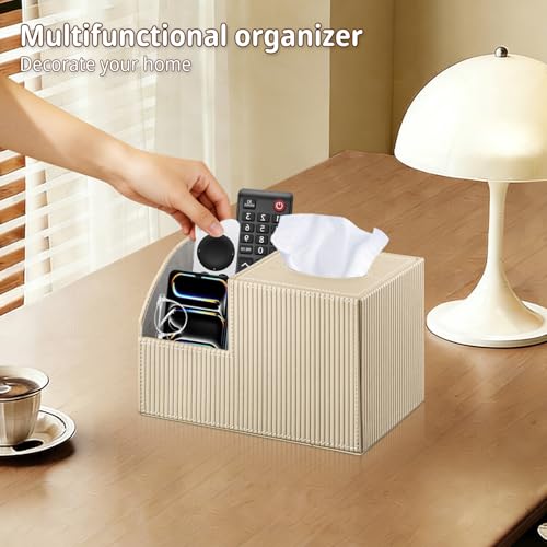 Square Multi-Functional Tissue Box Cover with Storage and Remote Control Holder - Cube Tissue Box Organizer for Bathroom, Nightstand, End Table - color: Apricot