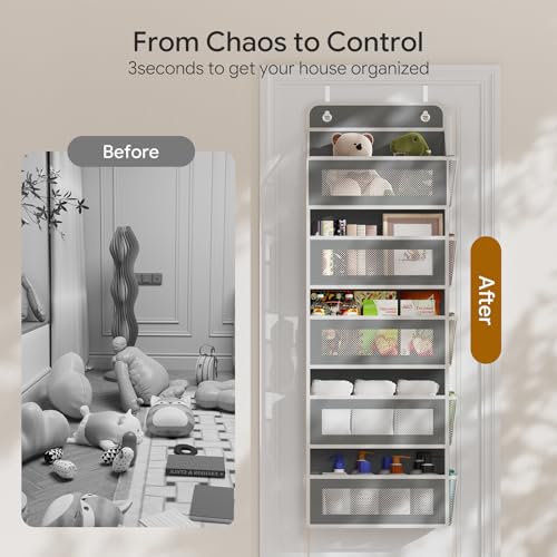 Simple Trending Over The Door Organizer, Hanging Shelves with 5 Large 5 Side Pockets, 44 lb Weight Behind Door Storage for Bedroom,Bathroom, Pantry, Nursery, Grey