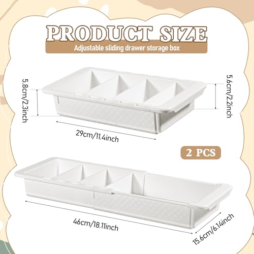 2Pcs Expandable Sliding Drawer Tray with Adjustable Dividers, White Plastic Deep Desk Drawer Dividers Organizers Expandable 11.4 to 18.1 Inches For Utensils Office Bathroom Bedroom Kitchen