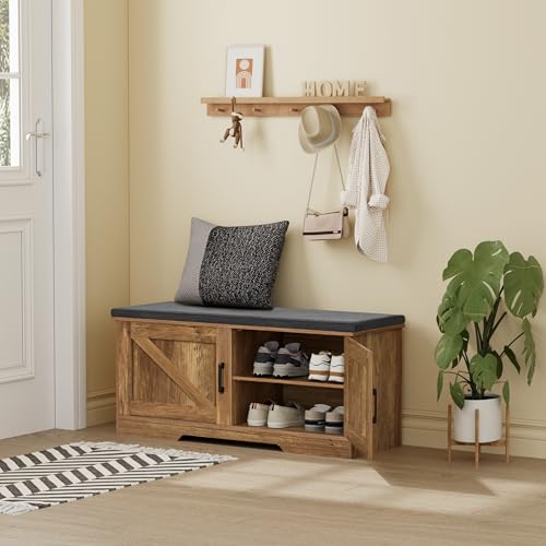 HOMSHO 2-Tier Storage Bench, 39.4" Wide Shoe Bench with Padded Seat Cushion, Entryway Bench with 2 Barn Doors and Adjustable Shelf, Rustic Walnut - color: Rustic Walnut, size: 39.4" Wide