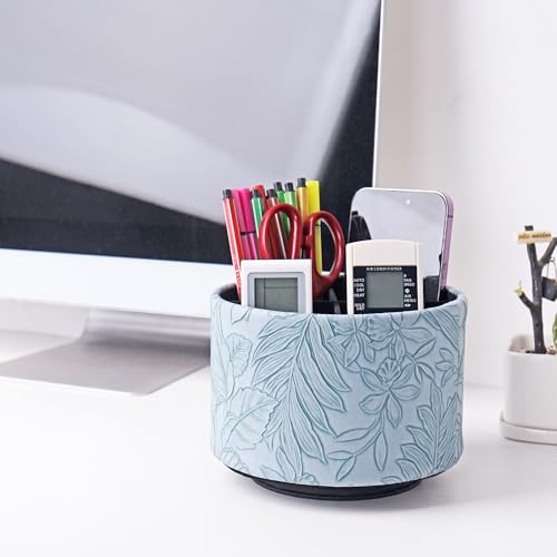 Hennaja Round Leather Art Supply Organizer,Remote Control Holder,360 Degree Spinning,Multi-Functional Pencil Holder,4 Compartments Desktop Stationary Organizer(1-Carved Light Blue) - color: 1-Carved Light Blue
