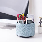 Hennaja Round Leather Art Supply Organizer,Remote Control Holder,360 Degree Spinning,Multi-Functional Pencil Holder,4 Compartments Desktop Stationary Organizer(1-Carved Light Blue) - color: 1-Carved Light Blue