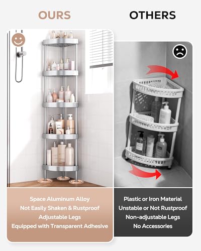 Nieifi Corner Shower Caddy Stand-5 Tier Rustproof Anodized Aluminum Standing Shower Organizer-Shower Caddy Corner-Dual Stability to Anti-Shaking-Height-Adjustable Legs for Uneven Surfaces-Silver - color: Silver, size: 5-Tier