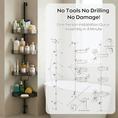 Corner Shower Caddy, Extendable Rustproof Shower Organizer Adjustable 4-Tier Bathroom Shelves Anti-Tipping Bathtub Shampoo Storage Floor Standing Bath Rack Shower Shelf with Soap Dish