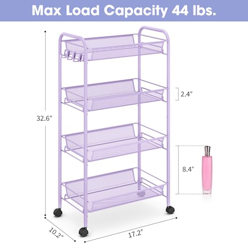 TOOLF 4-Tier Rolling Cart, Metal Utility Cart with 3 Hooks, Easy Assemble Mobile Storage Trolley On Wheels, Metal Shelving Units Kitchen Bathroom Laundry Room - color: Purple, size: 4-Tier