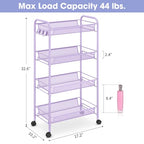 TOOLF 4-Tier Rolling Cart, Metal Utility Cart with 3 Hooks, Easy Assemble Mobile Storage Trolley On Wheels, Metal Shelving Units Kitchen Bathroom Laundry Room - color: Purple, size: 4-Tier