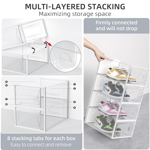Elechomes Shoe Boxes Clear Plastic Stackable 18 Pack Premium Shoe Organizer Storage for Closet Foldable Shoe Rack Containers Sneaker Display Case Holder Shoe Bin Entryway Drawers Gifts