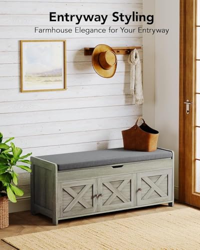 Pipishell 2-Tier Shoe Storage Bench, Entryway Bench with 3 Barn Doors, Cushion Seat, Hidden Storage, Adjustable Shelf, 200 lbs Capacity, for Entryway, Living Room, Bedroom, Gray (39.4″Wx15″Dx18.1″H) - color: Grey