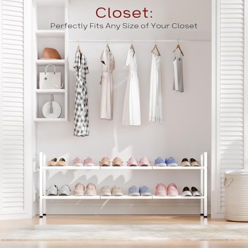 Bumusty 2-Tier Long Expandable Shoe Rack for Closet, 18"-44" Adjustable Shoe Rack for Entryway, 10-12 Pairs Large Shoe Organizer Shelf Storage, Sturdy Metal, White - color: White, size: 2-Tier