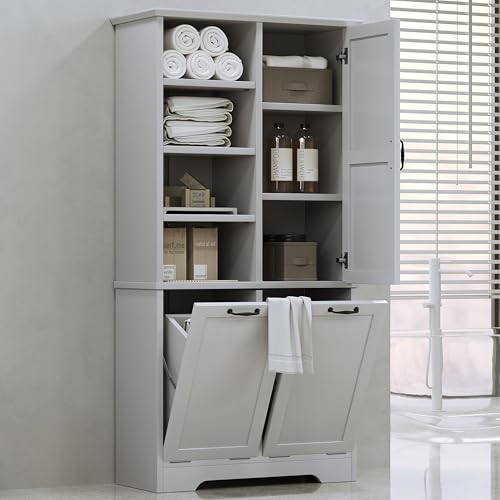 Merax Cabinet with Tilt-Out Laundry Hamper Basket, Tall Bathroom Storage Organizer Linen with Open Shelf for Home, Freestanding, Gray - color: Grey