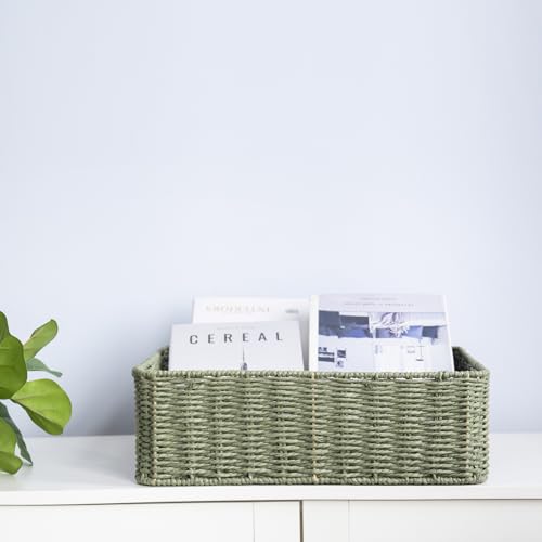 Drawer basket Handwoven Paper Rope Rectangular Shallow Basket Storage-15.35X12.01X4.72 Inches (Green) - color: Green