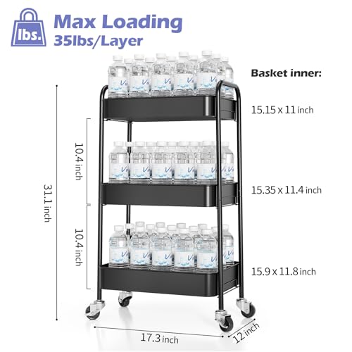 TOOLF 3-Tier Metal Rolling Cart with Wheels, Storage Utility Organizer Cart for Kitchen, Bathroom, Office, Baby Essentials & Makeup - Lockable Casters, Easy Assembly, Large Capacity, Black - color: Black, size: 3-Tier