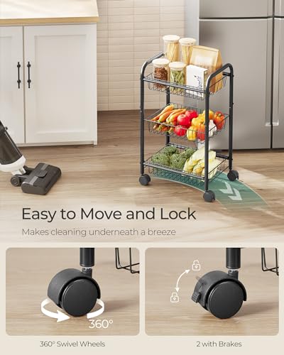 SONGMICS 3-Tier Metal Rolling Cart on Wheels with Baskets, Lockable Utility Trolley with Handles for Kitchen Bathroom Closet, Storage with Removable Shelves, Black UBSC03BK - color: Black