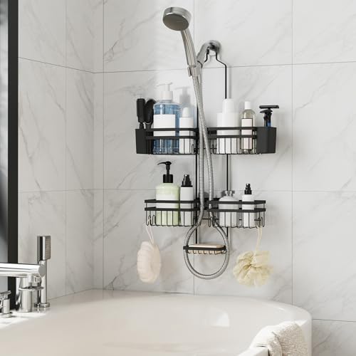 Shower Caddy Hanging for Bathroom Organizers and Storage - 3-Tier Adjustable Anti-Swing Shower Organizer Hanging with Heavy-Duty Suction Cups, Damage-Free Rustproof (Black) - color: BLACK, size: width