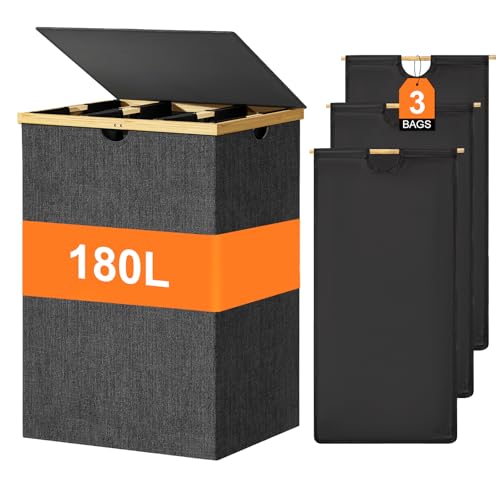 WOWLIVE 180L Laundry Hamper 3 Section, Bamboo Laundry Basket with lid, Extra Large Dirty Clothes Hamper with Removable Bags, Laundry Bin Organizer Storage for Dorm Bedroom Bathroom, Black - color: Black, size: 180L (21.1 x 15.8 x 32.7 Inches)