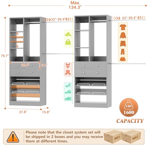 Besiost Closet System, Up to 134"/11.2 FT Closet Organizer with 4 Wooden Drawers and Shelves, Walk-in Closet System with 6 Hanging Rods, Built-in Closet Can Fit 96"/8FT, 120"/10FT, Morandi Grey - color: Morandi Grey, size: Style A: 77.6"—134"(W)