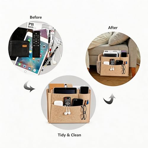 Felt Bedside Caddy, Large Bed Storage Organizer Hanging Bag Holder with Cord Slit,Magazine Book Phone and Remote Caddy for Bed Home Dorm Sofa,Bedside Pouch - color: Beige