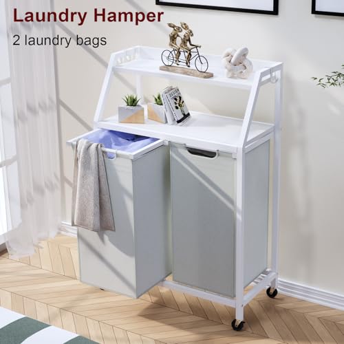 Timberer Laundry Hamper, Laundry Sorter 2 Section, Rolling Laundry Basket with Wheels, 2 Shelves, 2 × 14.5 Gal, Pull-Out and Removable Oxford Fabric Bags, for Laundry Room, White and Grey - color: White + Grey, size: 2 Bags (27.5"L x 12.9"W x 40.7"H)