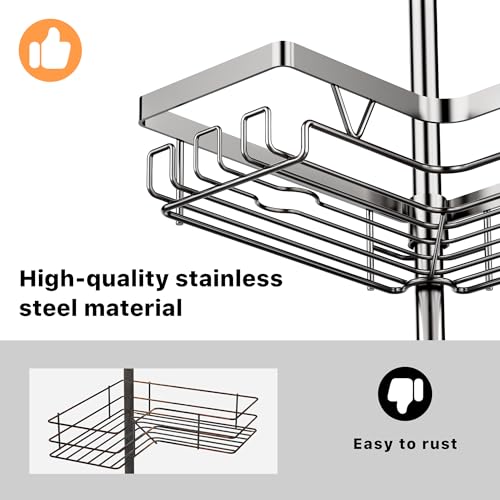 KEGII Corner Shower Caddy Tension Pole with Soap Dish & Razor Holder, Adjustable Bathroom Organizer with Hooks, 25-114.2 Inch Rustproof Storage Shelf for Renters & Apartments, Gunmetal Gray - style: Tension Caddy - Gunmetal Gray
