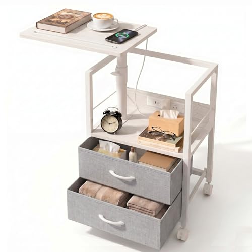 Faesun Swivel Lift Top Nightstand with Charging Station, Rolling Side Table for Recliner, Bedside Table with Wheels & 2 Fabric Drawers, for Small Spaces, for Bedroom, Living Room, White Gray - color: White Gray, size: 2 Drawers