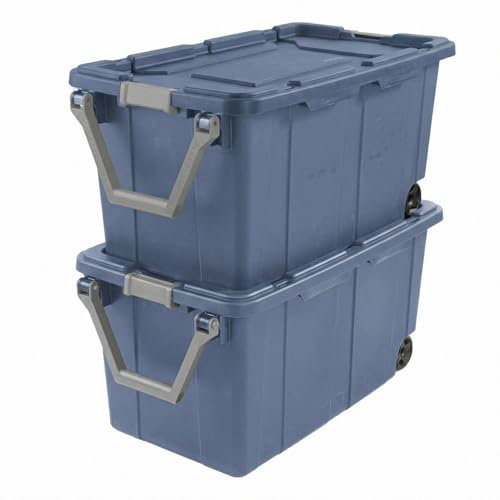 40 Gallon Wheeled Storage Tote with Lid – Heavy Duty Rolling Storage Bin with Ergonomic Handle & Secure Latches – Large Plastic Stackable Container for Garage Basement Workshop (Blue) - size: Blue