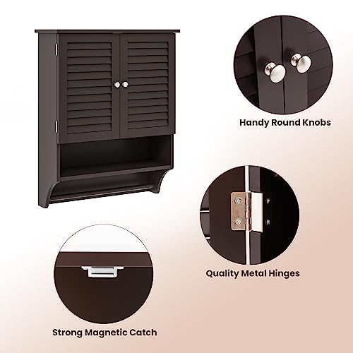 Tangkula Wall Mounted Bathroom Cabinet w/Open Shelf & Bar, Medicine Cabinet w/Double Louvered Doors, Adjustable Shelf, Wall Storage Cabinet for Bathroom Living Room Kitchen (Espresso) - color: Espresso