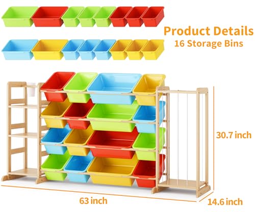 Toy Storage Organizer with Bookshelf and Stuffed Animal Storage - Playroom Organization with Shelves and 12 Bins - Living Room Box for Lego - Nursery Bedroom Decor Essentials - color: multicolored, size: 67"W,3 Shelves,16 Bins