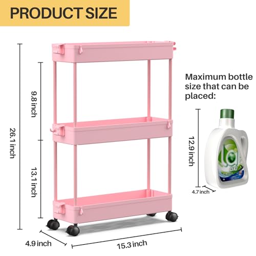 SPACEKEEPER Slim Rolling Storage Cart, 3 Tier Bathroom Organizer Utility Cart Laundry Room Organization Mobile Shelving Unit for Kitchen, Bathroom, Office, Bedroom, Narrow Places, Pink - color: Pink