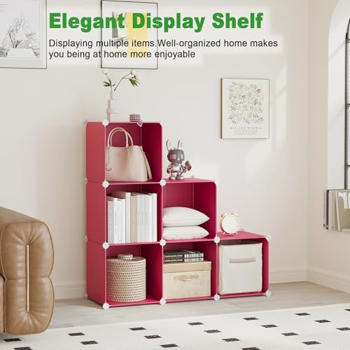 C&AHOME 6-Cube Storage Organizer, Stackable Storage Cubes Shelves, Portable Bookshelf, Plastic Clothing Storage Closet Organizer, DIY Modular Shelving Units for Wardrobe, Home, Red - color: Red