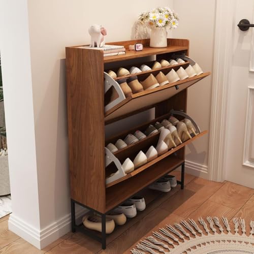 AVZEAR Narrow Shoe Storage Cabinet for Entryway with 2 Flip Drawers, Freestanding Shoe Cabinet with Natural Linen Panel, Slim Wood Shoe Organizer Closed Shoe Rack for Hallway, Foyer(Walnut) - color: Walnut, size: 2 Drawers