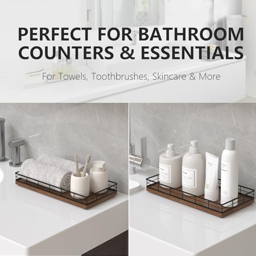 Toilet Paper Basket Organizer – Oak Wood Toilet Tank Tray with Metal Frame, Bathroom Counter Top Storage for Toilet Paper, Wipes & Decor, Modern Narrow Back of Tank Shelf Organizer, Black & Brown - color: Black & Brown, size: 13" x 6.5" x 2"