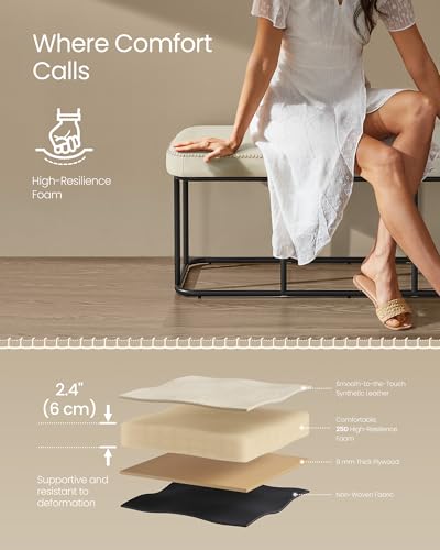 VASAGLE EKHO Collection - Storage Bench for Entryway, Ottoman Bench with Steel Frame, 43.3-Inch Wide, Synthetic Leather, Living Room, Mid-Century Modern, Loads 660 lb, Cream White ULOM085W02 - color: Cream White, style: Steel Frame Bench