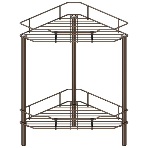 HuggieGems 2 Tier Floor Standing Corner Shower Caddy Organizer Shelf with Hooks, Bathroom Shelves Stand Rack, Bronze - color: Bronze, size: 2 Tier