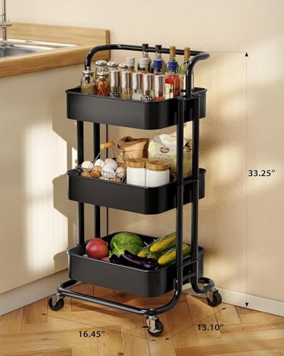 Pipishell 3 Tier Mesh Utility Cart, Rolling Metal Organization Cart with Handle and Lockable Wheels, Multifunctional Storage Shelves for Kitchen Living Room Office Black - color: Black, size: 3-Tier