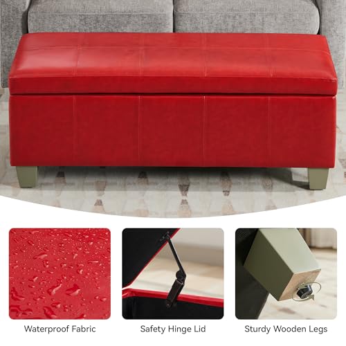 WUTUTUEE 51" Faux Leather Storage Ottoman, Stitch Tufted Rectangle Upholstered End of Bed Storage Bench, Entryway Large Couch Ottoman with Wooden Legs,Red - color: Red, size: 51 Inch