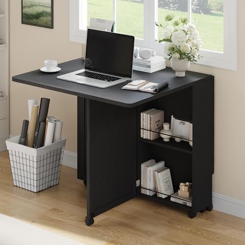 Garvee Folding Dining Table with Storage, Folding Kitchen Table with 6 Wheels, Drawer & Shelves, Compact Dining Table for Small Spaces - color: Black