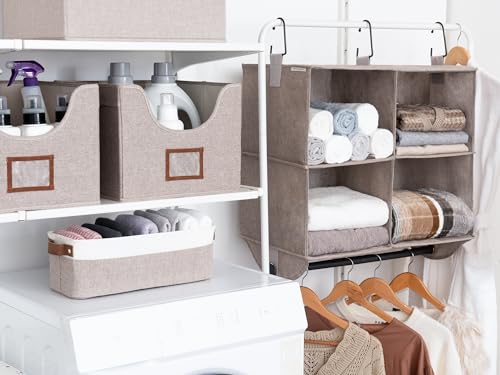 StorageWorks Hanging Closet Organizer with Metal Rod, 4-Section Closet Organizers and Storage, Collapsible Hanging Shelves for Baby Clothes, Shoes, Sweater Storage, Brown and Beige - color: Brown & Beige, size: 12¼"D x 24½"W x 28"H