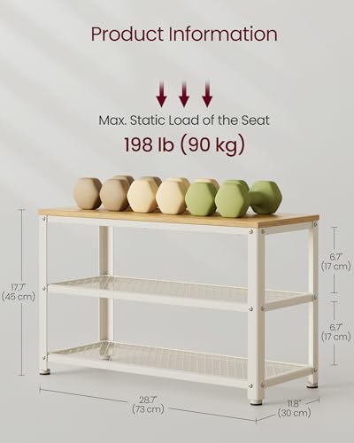 VASAGLE 3-Tier Shoe Rack, Shelf Storage Bench with Metal Mesh Shelves and Seat, Free Standing Shoe Organizer for Entryway, 11.8 x 28.7 x 17.7 Inches, Oak Beige and Classic White ULBS073W09 - color: Oak Beige + Classic White, size: 28.7"W x 17.7"H, style: