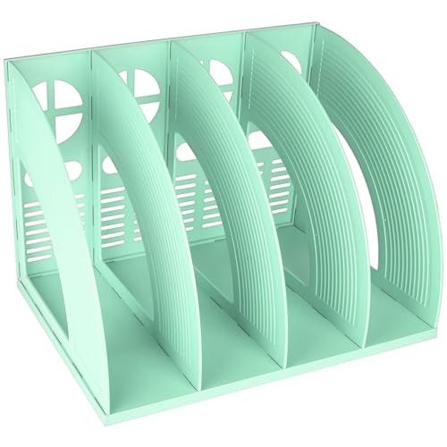 SAYEEC Sturdy Magazine Holder 4 Compartments Plastic Desktop File Organizer File Dividers Office Organizer Storage Document Magaizne Rack Display Box (Green) - color: Green-4 Sections