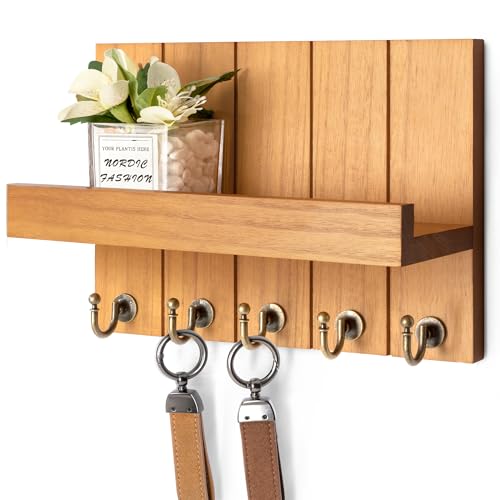 Rebee Vision Farmhouse Key Holder for Wall - Decorative Wall Shelf with Key Hooks & Mail Organizer Wall Mount for Apartment Essentials - Rustic Living Room Decor (Light Brown, 3.54"D x 10"W x 7.28"H) - color: Light Brown, size: 10 Inch