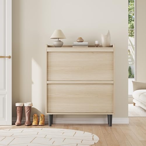 GarveeHome Shoe Cabinet with 2 Flip Drawers, Wooden Shoe Organizer Cabinet with Adjustable Shelf, Shoe Storage for Entryway, Hidden Shoe Cabinet for Hallway, Living Room, Natural Oak - color: Natural Oak, size: 2-Drawers