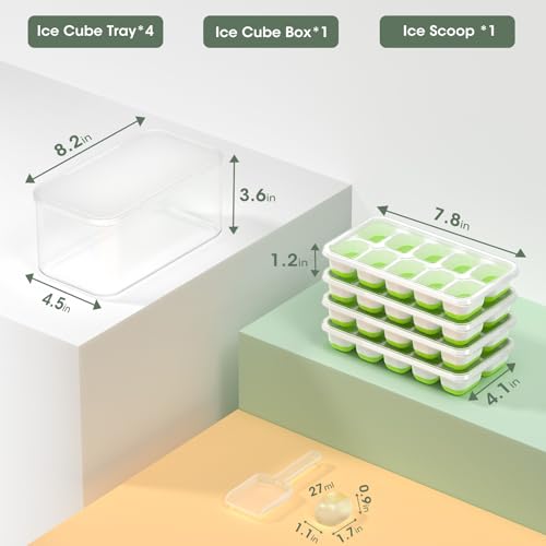DOQAUS Ice Cube Tray with Lid and Bin - 4 Pack Silicone Ice Cube Trays for Freezer, Stackable Ice Bucket Kits with Storage Container & Scoop for Kitchen, RV, Cocktail, Coffee - color: Green