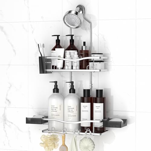 REINHARDT Shower Caddy Hanging, Rustproof Shower Caddy Anti-Swing Shower Organizer Over Showerhead No Drilling Shower Racks with Soap Holder Multi Hooks Bathroom Storage for Shampoo Sponge, Silver - color: Silver