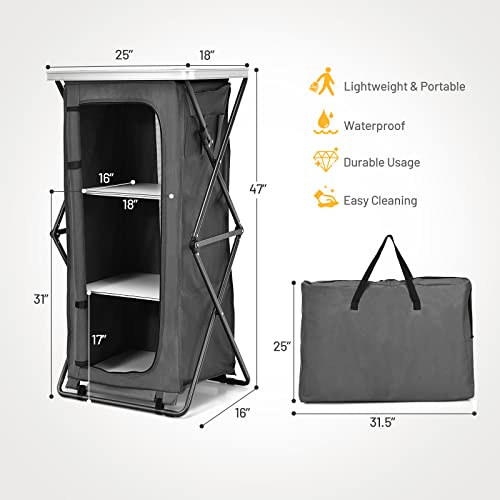 Giantex Folding Camping Storage Cabinet with 3 Shelves and Carry Bag, Portable Outdoor Organizer Kitchen Table, Quick Set-up for BBQ, Picnic, Backyard, Compact Pop-Up Cupboard, 47''H - size: 47''H