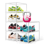 2 Pack Drop Front Acrylic Shoe Boxes with Magnetic Door Fit US Size 12, Clear Stackable Shoe Organizer for Closet, Entryway, Underbed, Multiple Display Cases for Hats, Figures, Sneakers - size: Medium Size 12