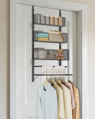 VyGrow Over the Door Storage Organizer with 3 Tier Mesh Baskets 2 Hanging Rods, 2 Mounting Options, Heavy Duty Clothes Hanger & Towel Rack for Bathroom Bedroom Office, Black - color: Black