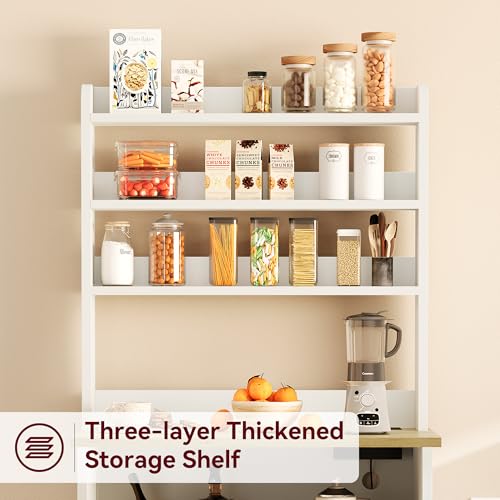 IDEALHOUSE Bakers Rack with Storage Cabinet, Microwave Stand with Power Outlets, Farmhouse Bakers Rack with Thick Table Top, Small Kitchen Bakers Rack for Kitchen,Dining Room,White & Peer Wood - color: White & Peer Wood, size: with 2 Wood Door