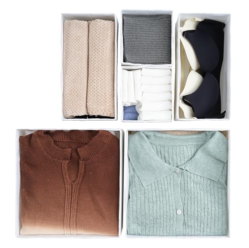 TYEERS Drawer Organizers, Durable Fabric, Washable, with Base Support Boards, Small Storage Boxes for Bathroom, Closet, Dresser, Set of 6, White - color: White, size: S+M+L (Set of 6)