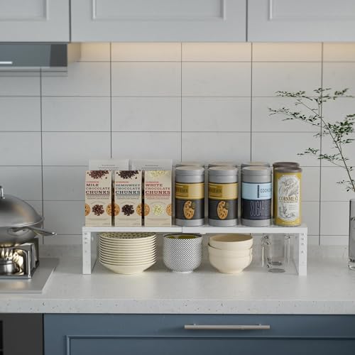 Jojocross Expandable Cabinet Shelf Organizer Storage Spice Rack Shelves for Kitchen Stackable Adjustable Pantry Cupboard Bathroom Countertop Desktop(1Pack/White/Medium-with Hole) - color: 1 Pack/White With Hole, size: MEDIUM:7.88"D x 16.6~26.5"W x 6.1"/7.